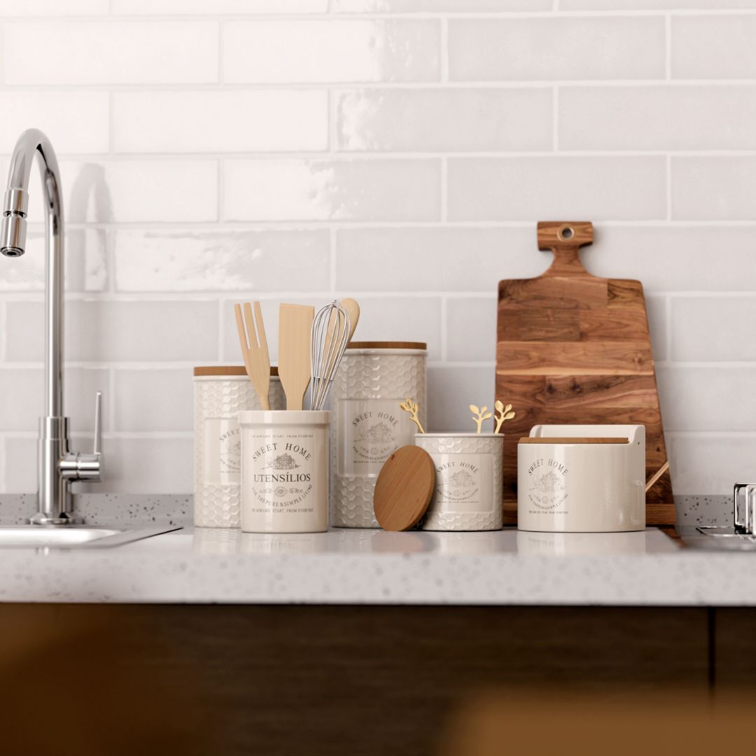 Conjunto Utensílios para Cozinha com Suporte em Cerâmica 5 Peças - Ela Decora