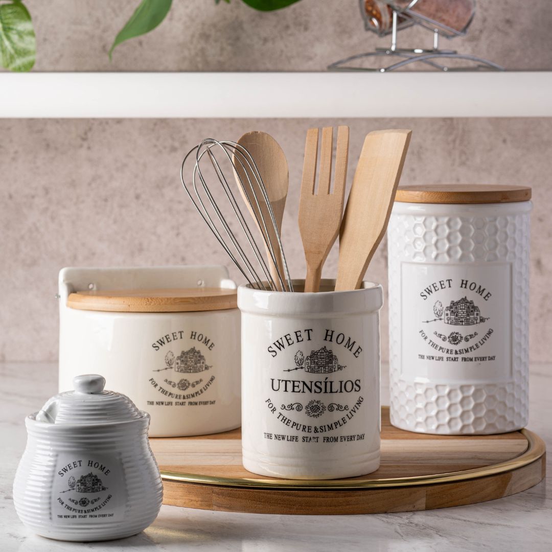 Conjunto Utensílios para Cozinha com Suporte em Cerâmica 5 Peças - Ela Decora