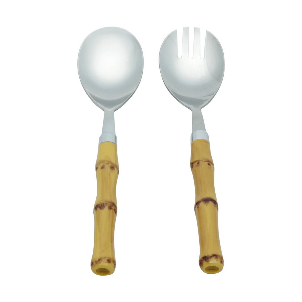 Conjunto Utensílios Para Servir Aço Inox Com Cabo Bambu Luxo 21cm - 2 Peças - Ela Decora