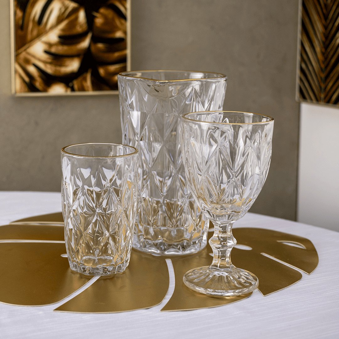 Copo Alto de Vidro Diamond com Fio de Ouro - 350ml - Ela Decora