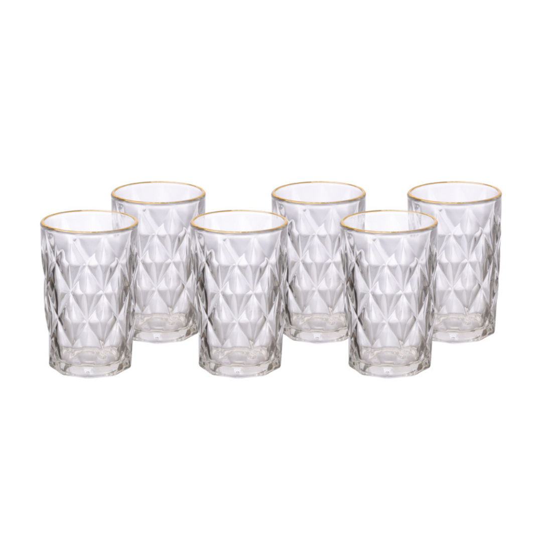 Conjunto completo 6 copos transparentes padrao diamond fio ouro