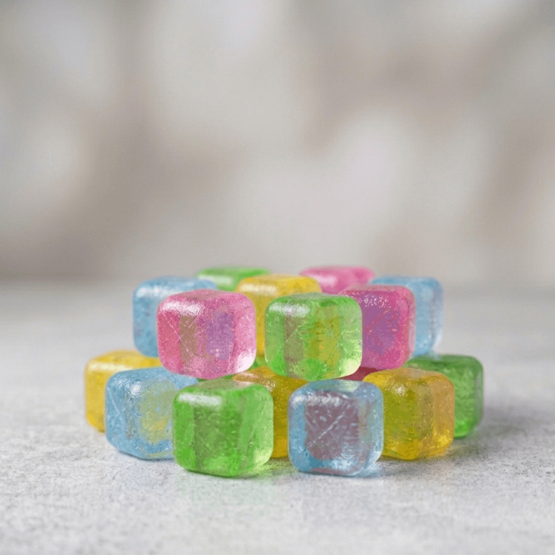 Doze cubos de gelo em cores vibrantes empilhados em pirâmide