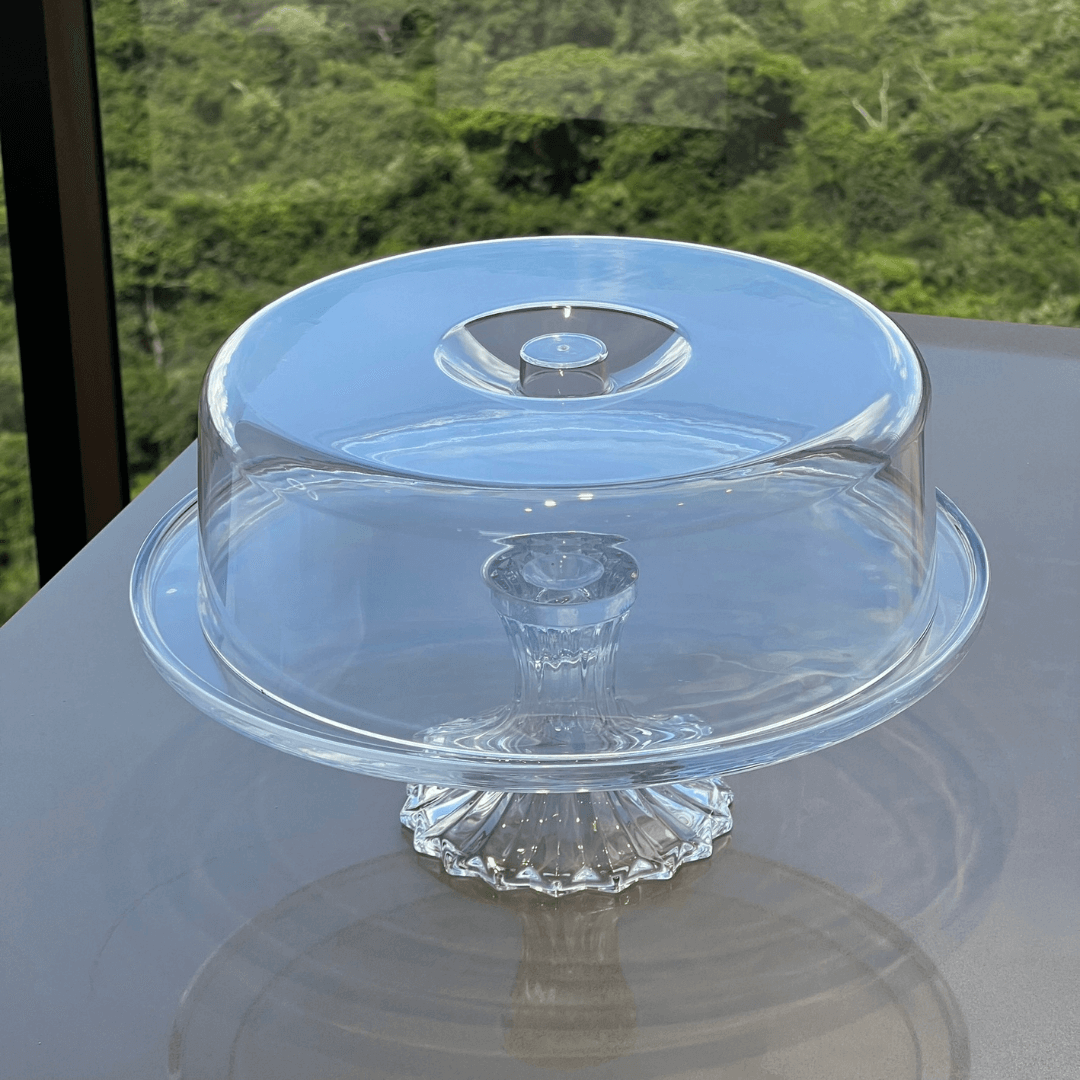 Prato para bolo com tampa de boleira transparente de acrilico