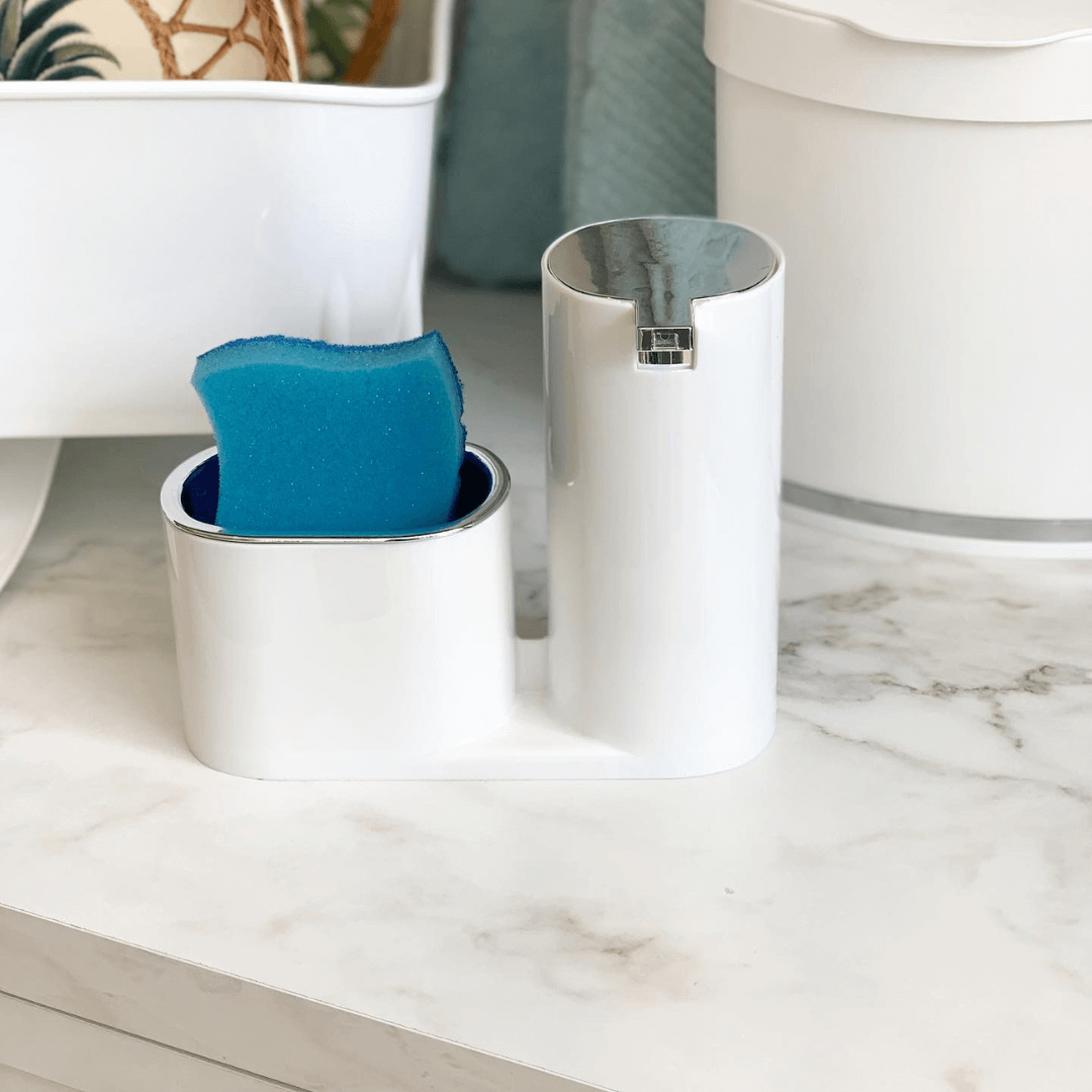 Dispenser Para Detergente E Bucha Branco Com Cromado Linha Conceito - Ela Decora