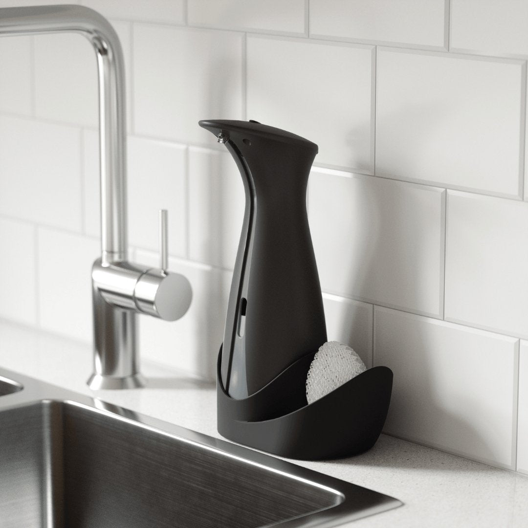 Dispenser Porta Detergente Automático com Sensor Otto com Suporte Esponja Preto 250ml - Ela Decora