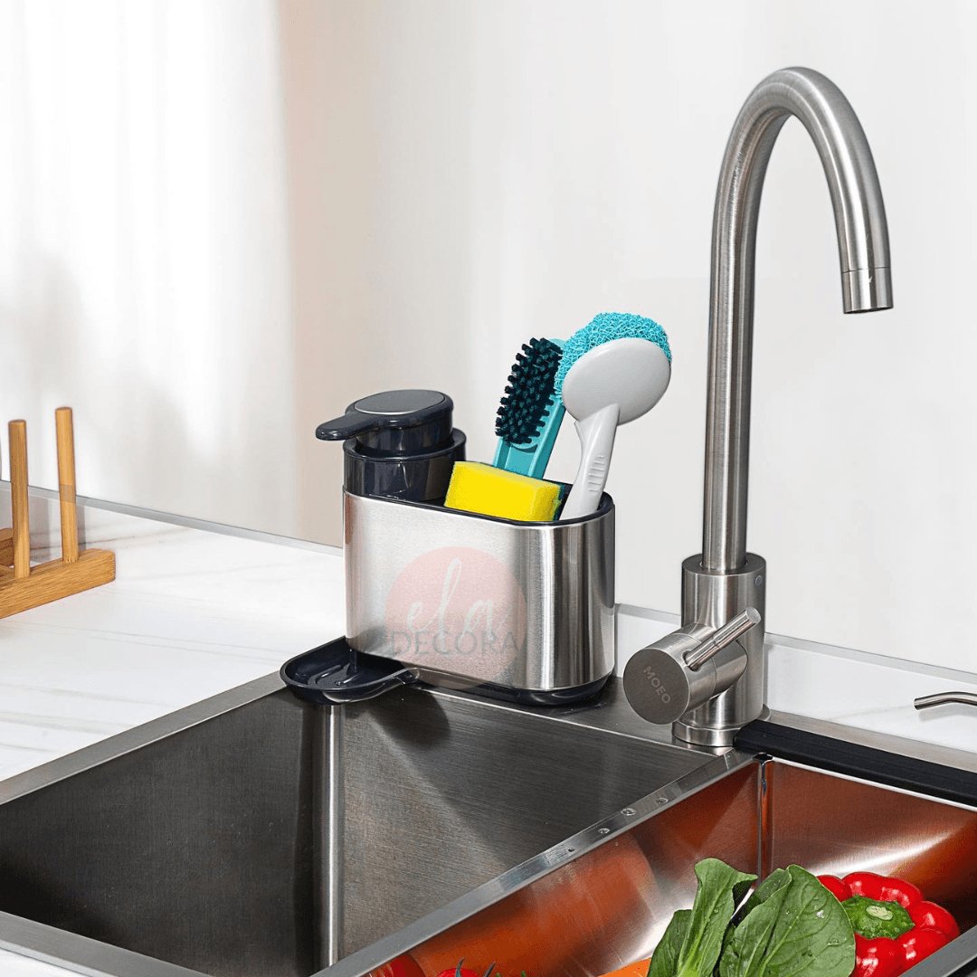 Dispenser Porta Detergente com Porta Esponja Aço inox 17,8cm - Ela Decora