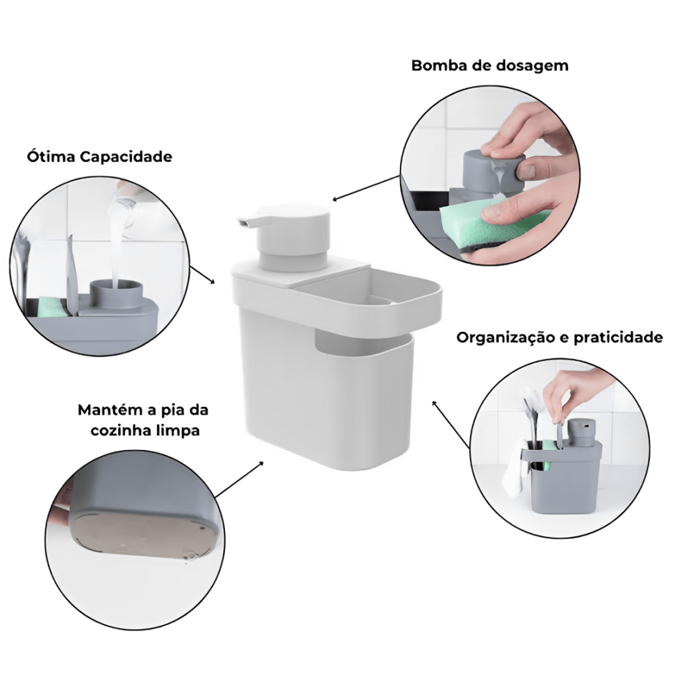 Dispenser Porta Detergente e Organizador de Pia Trium Branco 650 Ml - Ela Decora