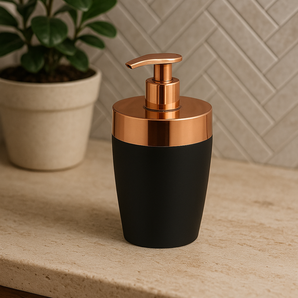 Dispenser Porta Sabonete Liquido Preto com Rose Gold 16cm