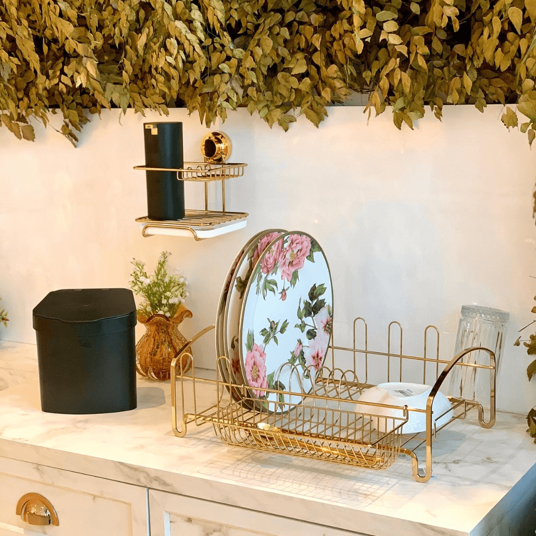 Escorredor de Louças 10 pratos 8 copos Aço Dourado - Ela Decora