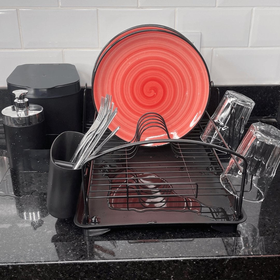 Escorredor De Louças Com Bandeja Preto Fosco 10 Pratos 8 Copos - Ela Decora