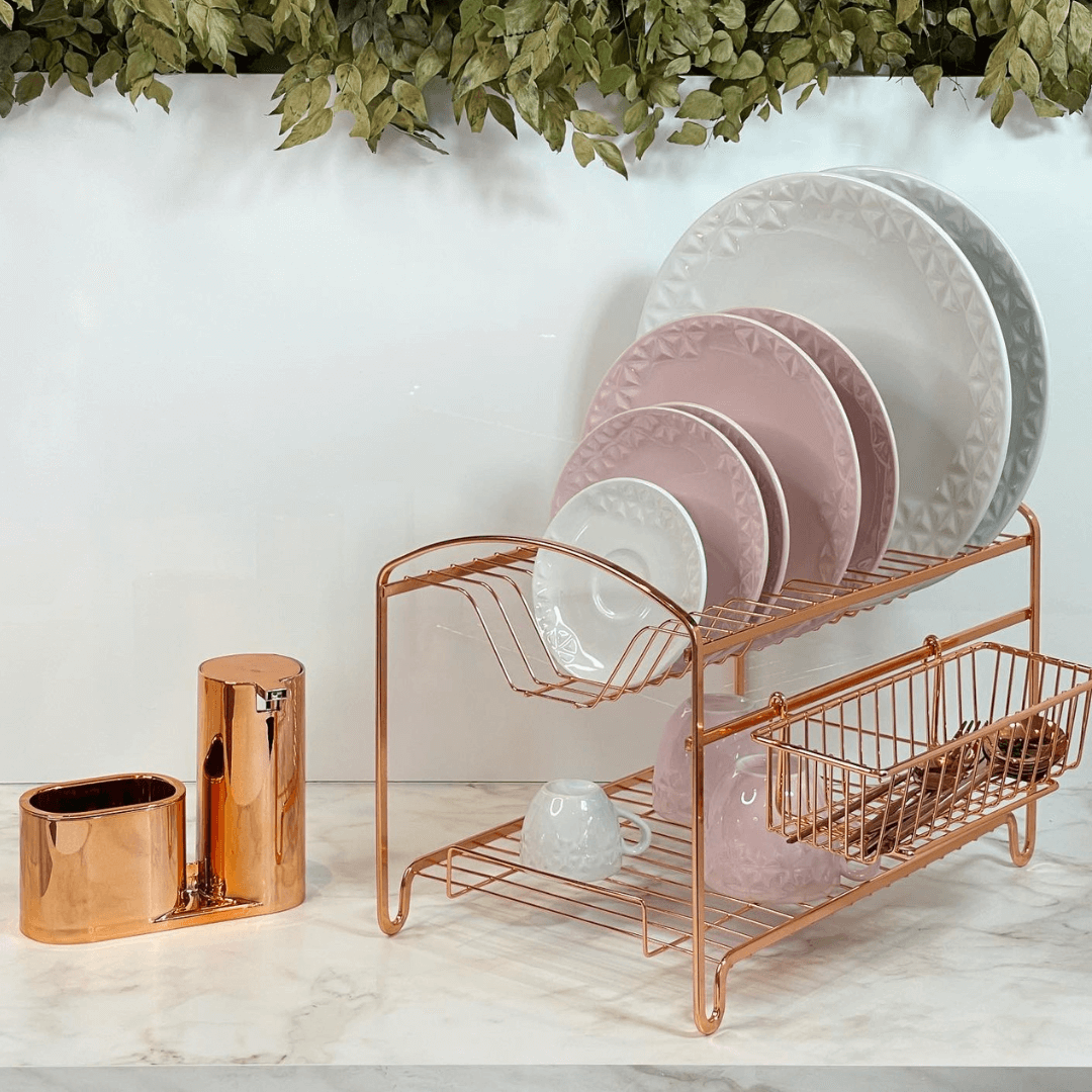 Escorredor de Louças Duplo 16 Pratos Aço Rose Gold - Ela Decora