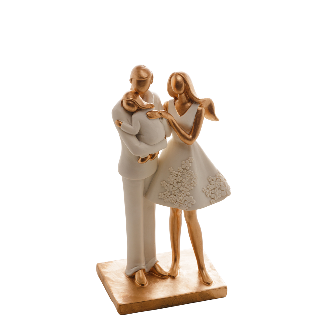 Escultura Familia de Resina Branco e Dourado 20cm