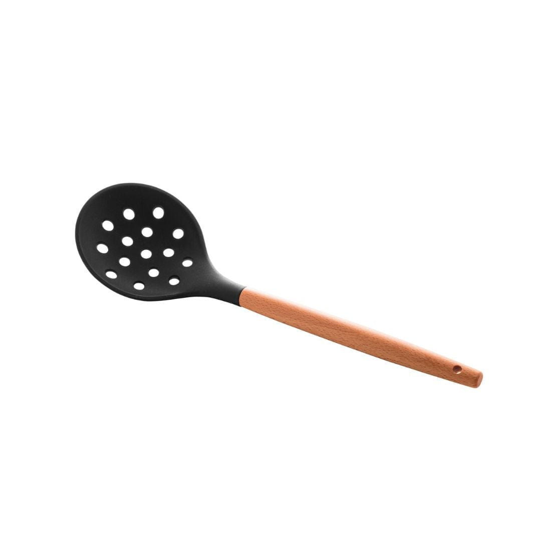 Escumadeira de Silicone com Cabo de Bambu Charmy Preta 31,5cm - Ela Decora