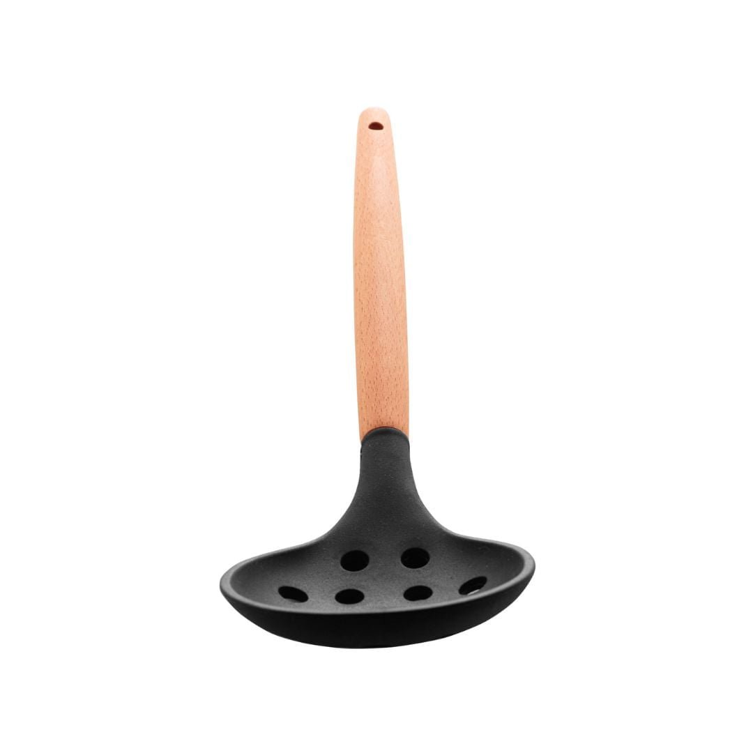 Escumadeira de Silicone com Cabo de Bambu Charmy Preta 31,5cm - Ela Decora