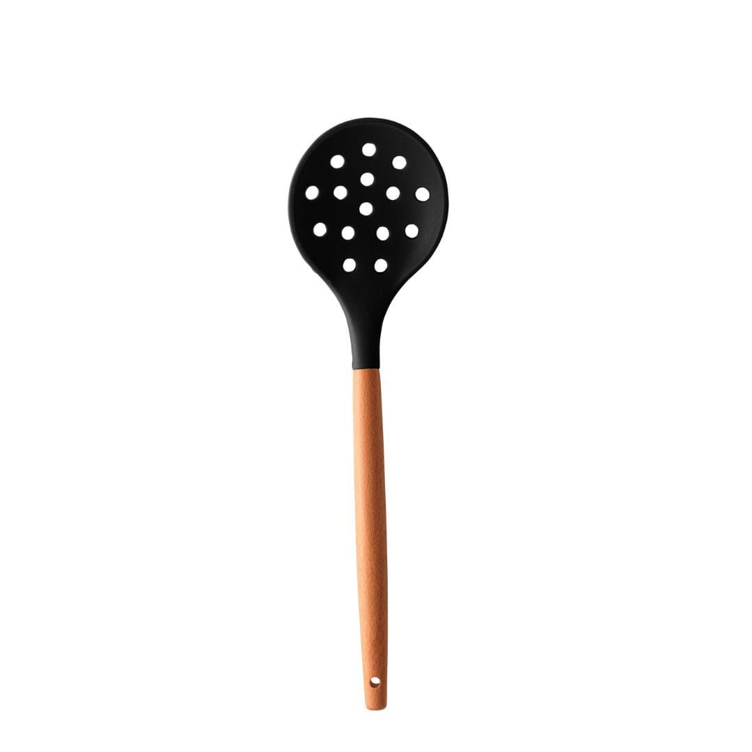 Escumadeira de Silicone com Cabo de Bambu Charmy Preta 31,5cm - Ela Decora