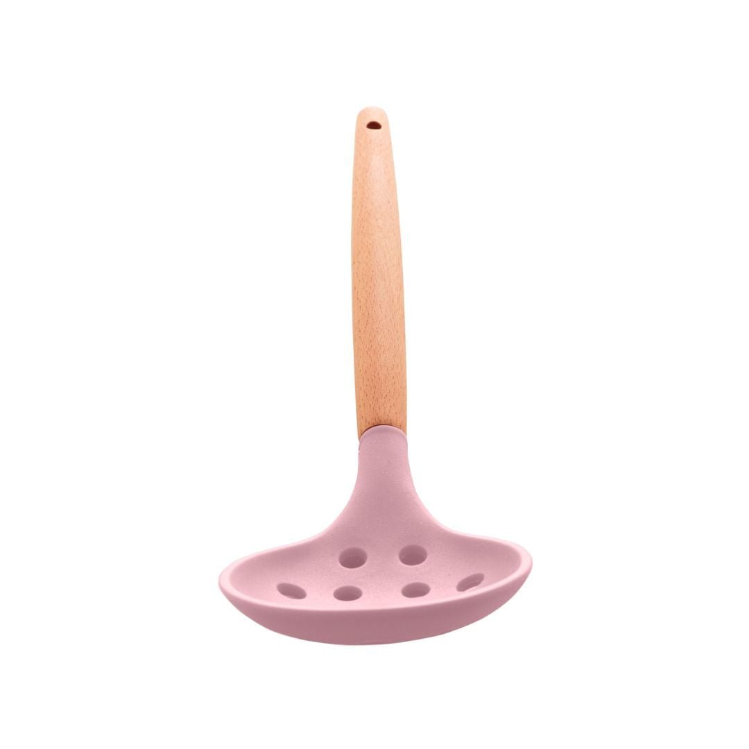 Escumadeira de Silicone com Cabo de Bambu Charmy Rosa 31,5cm - Ela Decora