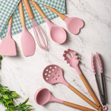 Escumadeira de Silicone com Cabo de Bambu Charmy Rosa 31,5cm - Ela Decora