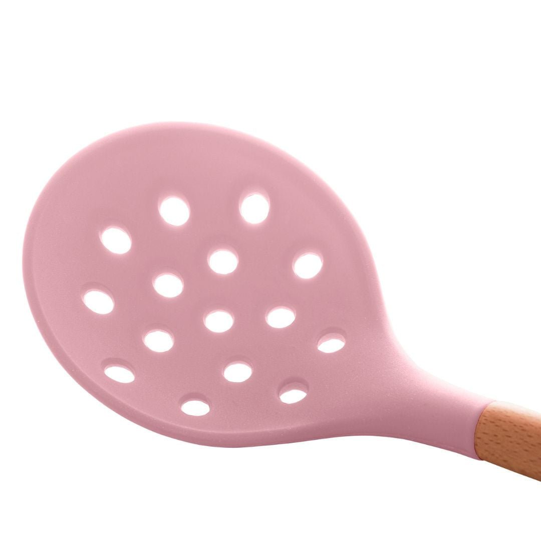 Escumadeira de Silicone com Cabo de Bambu Charmy Rosa 31,5cm - Ela Decora