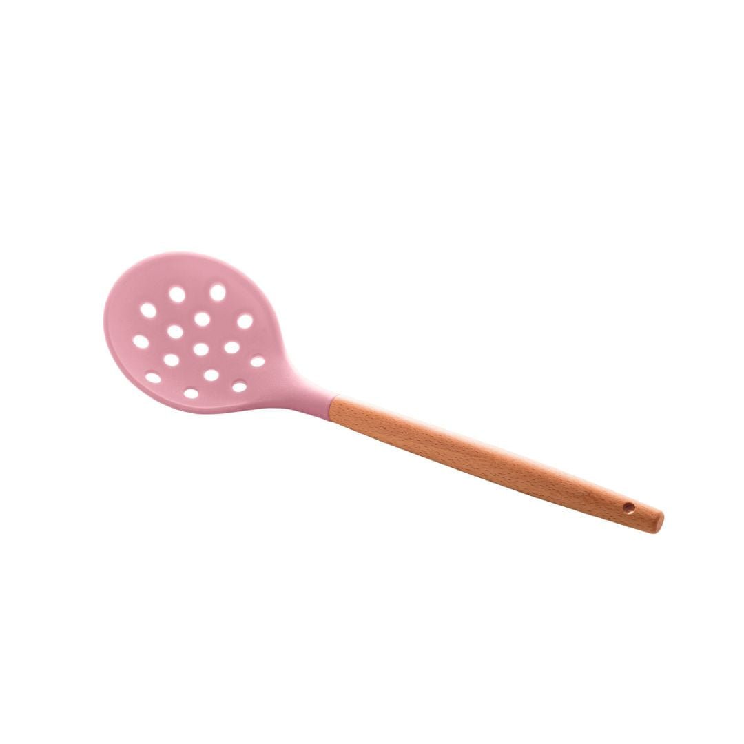 Escumadeira de Silicone com Cabo de Bambu Charmy Rosa 31,5cm - Ela Decora