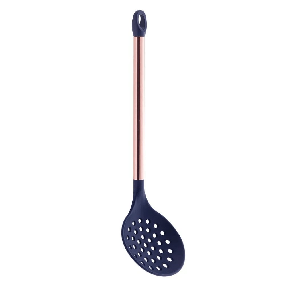 Escumadeira em Silicone Azul Marinho Cabo Rose Gold - 35 cm - Ela Decora