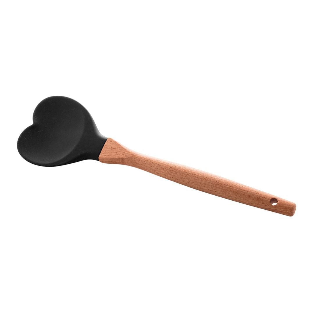 Espátula Colher de Silicone com Cabo de Bambu Heart Preto 27cm - Ela Decora