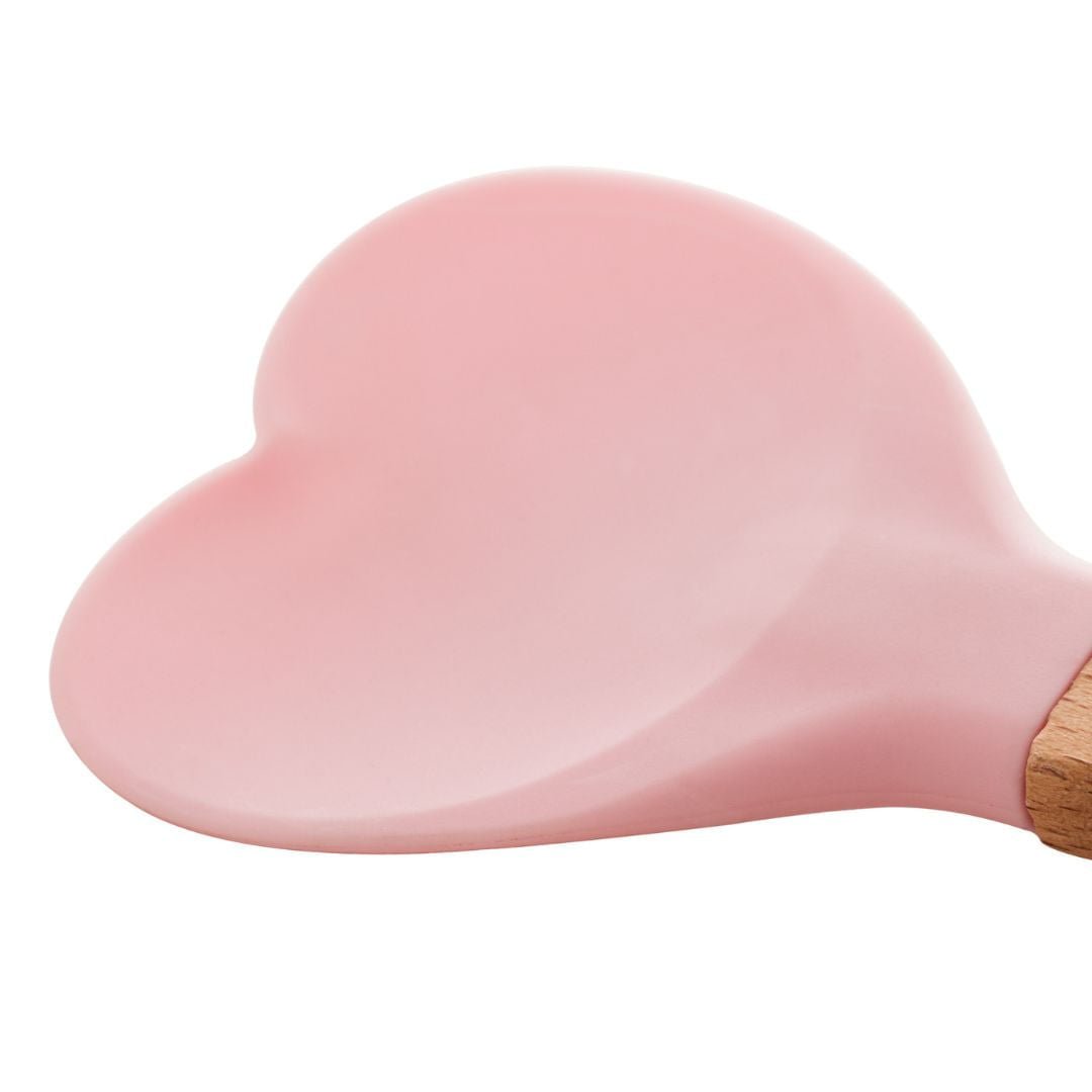 Espátula Colher de Silicone com Cabo de Bambu Heart Rosa 27cm - Ela Decora