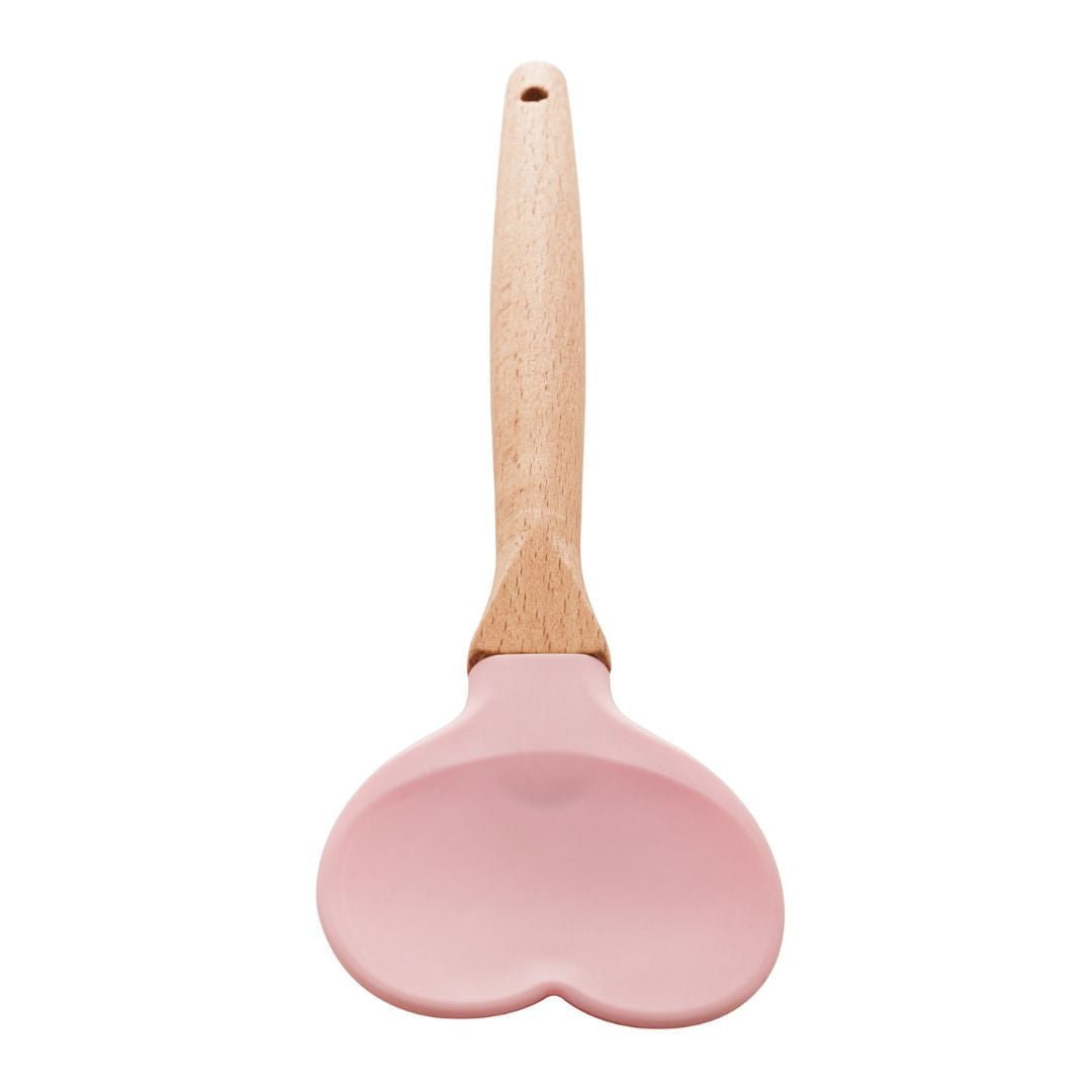 Espátula Colher de Silicone com Cabo de Bambu Heart Rosa 27cm - Ela Decora