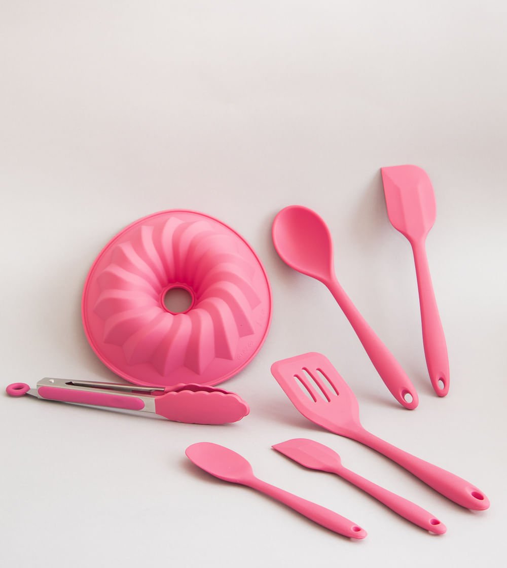 Espátula de Silicone Duplo Reta Pão Duro Rosa - Ela Decora