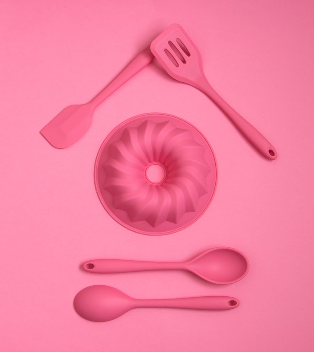 Espátula de Silicone Duplo Reta Pão Duro Rosa - Ela Decora