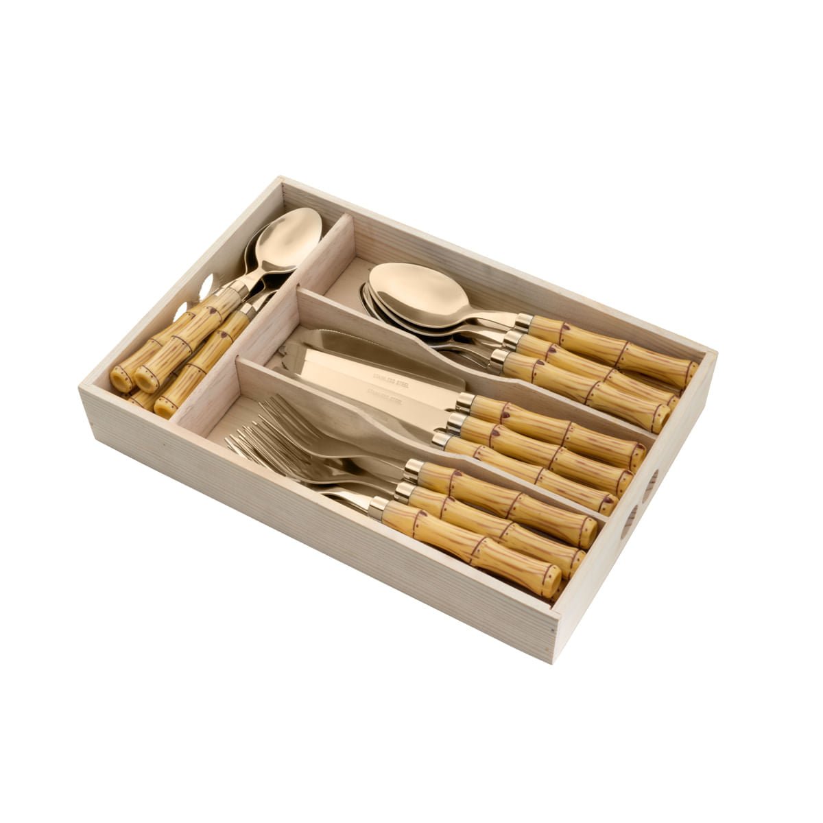 Faqueiro de Aço Inox com Cabo Plástico Bambu Dourado 24 Peças - Ela Decora