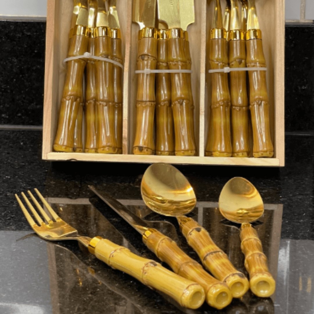 Faqueiro de Aço Inox com Cabo Plástico Bambu Dourado 24 Peças - Ela Decora