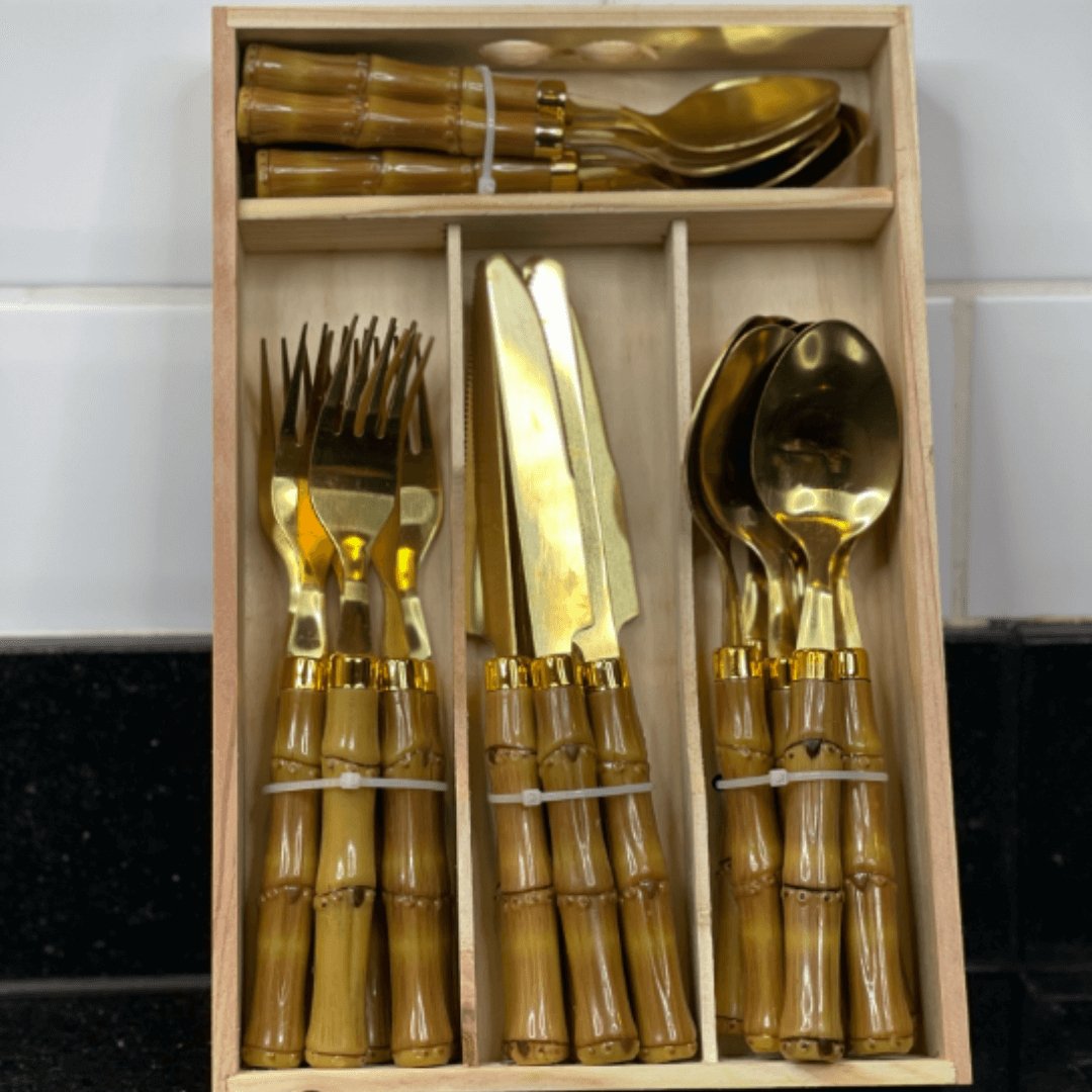 Faqueiro de Aço Inox com Cabo Plástico Bambu Dourado 24 Peças - Ela Decora