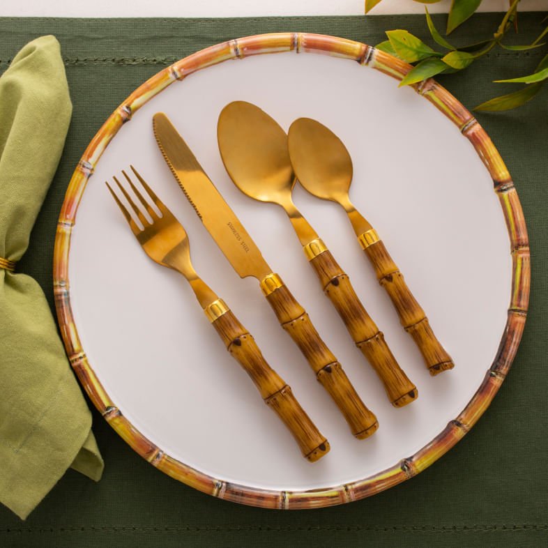 Faqueiro de Aço Inox com Cabo Plástico Bambu Dourado 24 Peças - Ela Decora