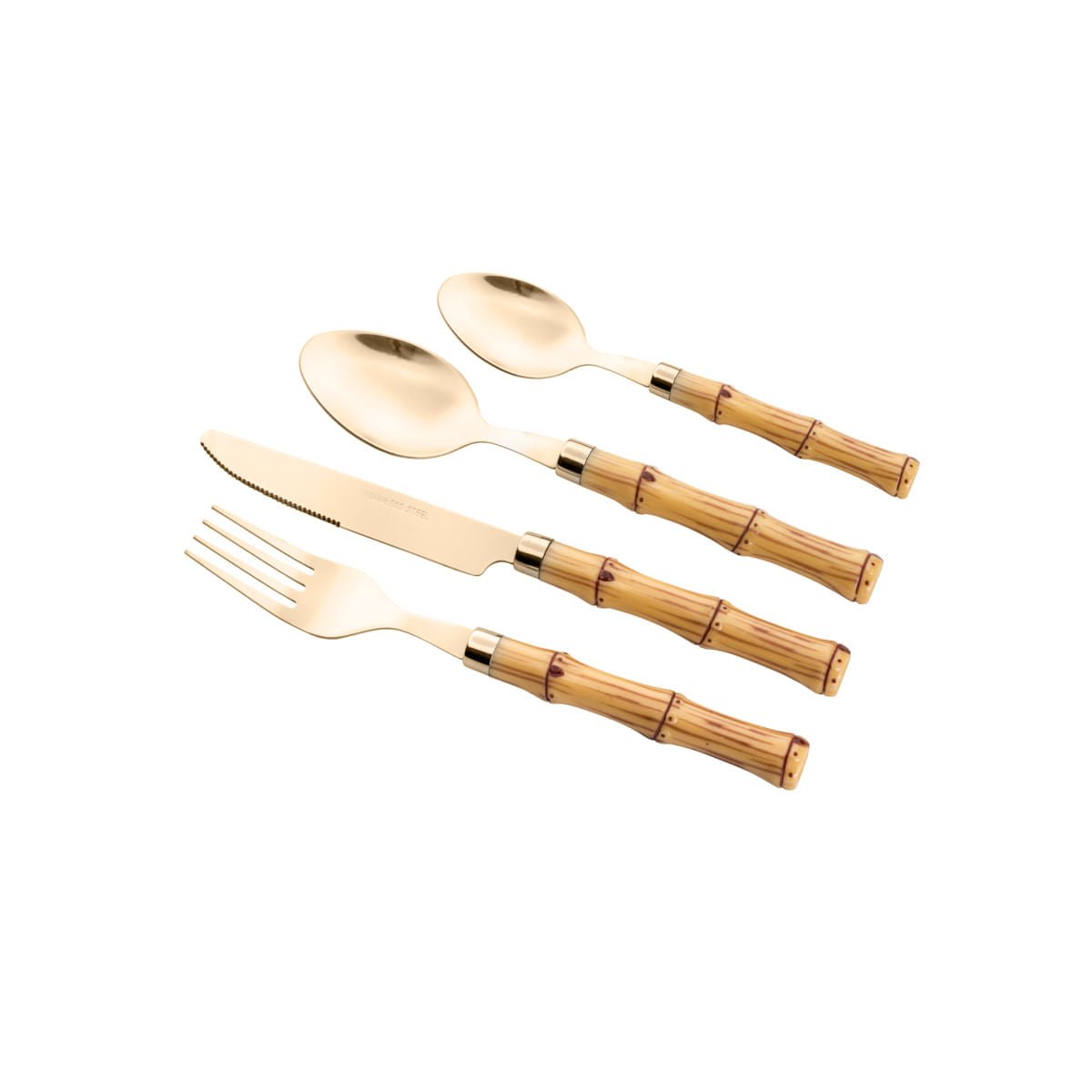 Faqueiro de Aço Inox com Cabo Plástico Bambu Dourado 24 Peças - Ela Decora