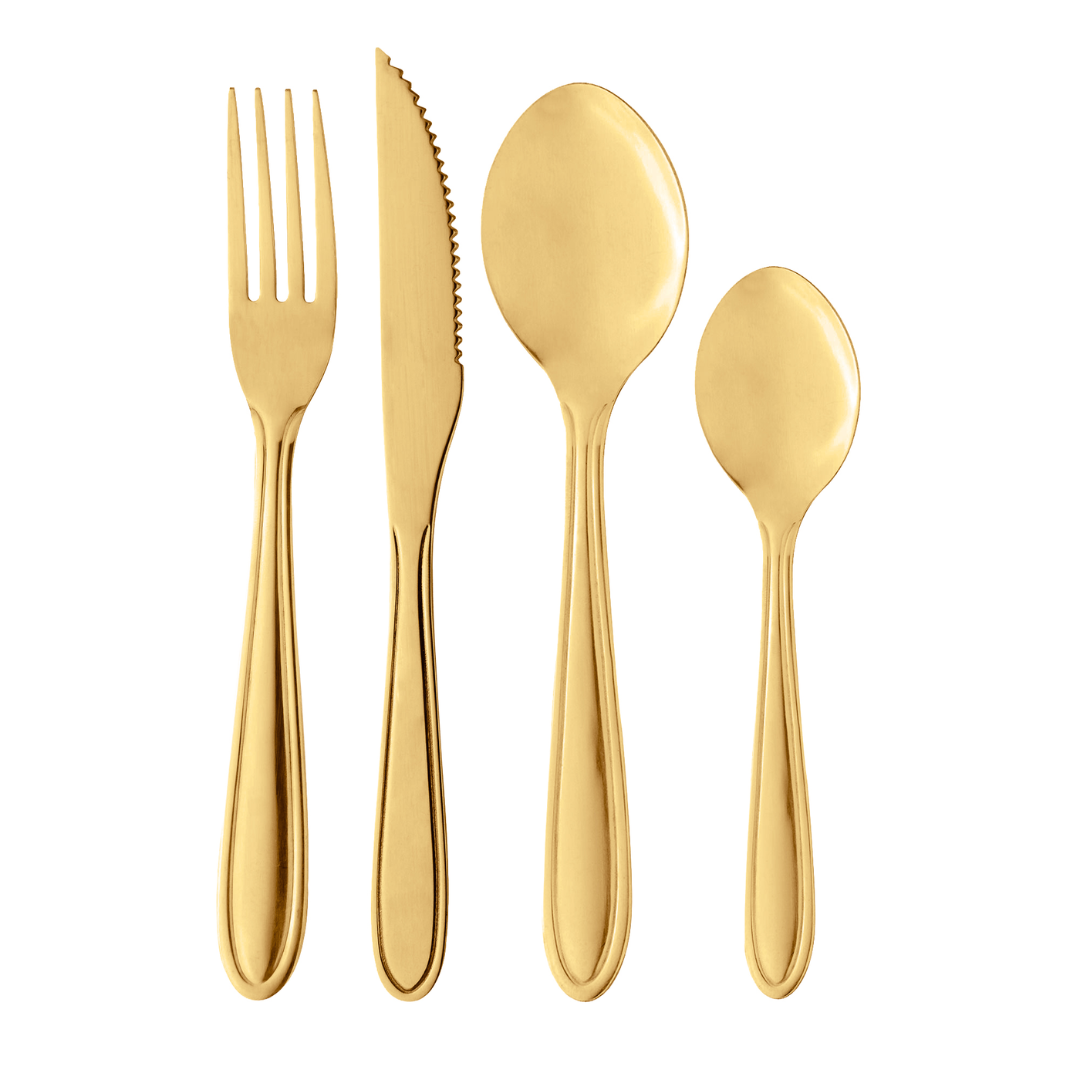 Faqueiro em aco inox dourado com garfo faca e duas colheres fundo branco