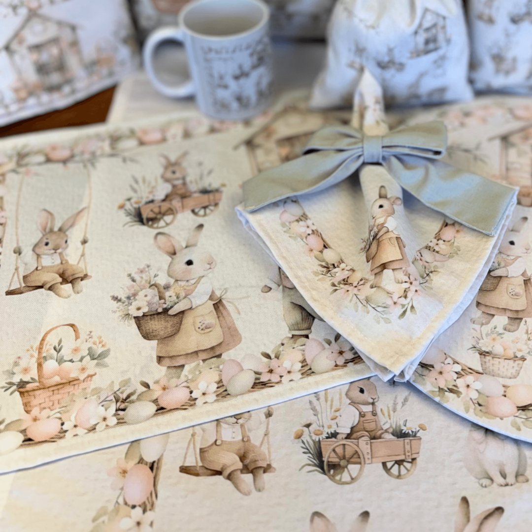 Americano de mesa com coelhos em cena de fazenda e cesta de flores, ambiente de uso