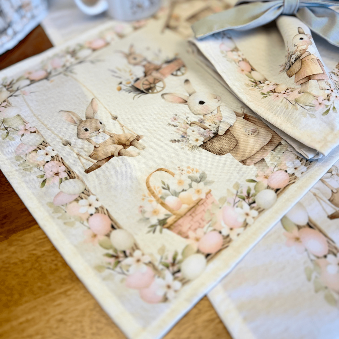 Jogo americano coelhos fazendeiros com flores rosas e detalhes em tons pastel