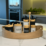 Galheteiro Branco e Preto Doha com Suporte de Bambu 5 Peças - Ela Decora