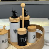Galheteiro Branco e Preto Doha com Suporte de Bambu 5 Peças - Ela Decora