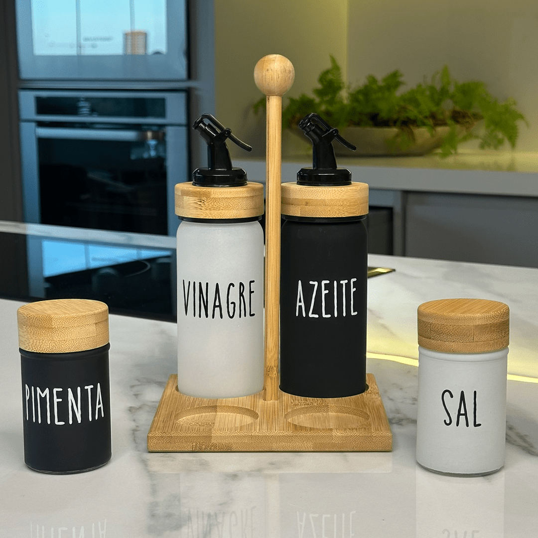 Galheteiro Branco e Preto Doha com Suporte de Bambu 5 Peças - Ela Decora