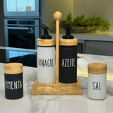 Galheteiro Branco e Preto Doha com Suporte de Bambu 5 Peças - Ela Decora
