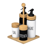 Galheteiro Branco e Preto Doha com Suporte de Bambu 5 Peças - Ela Decora