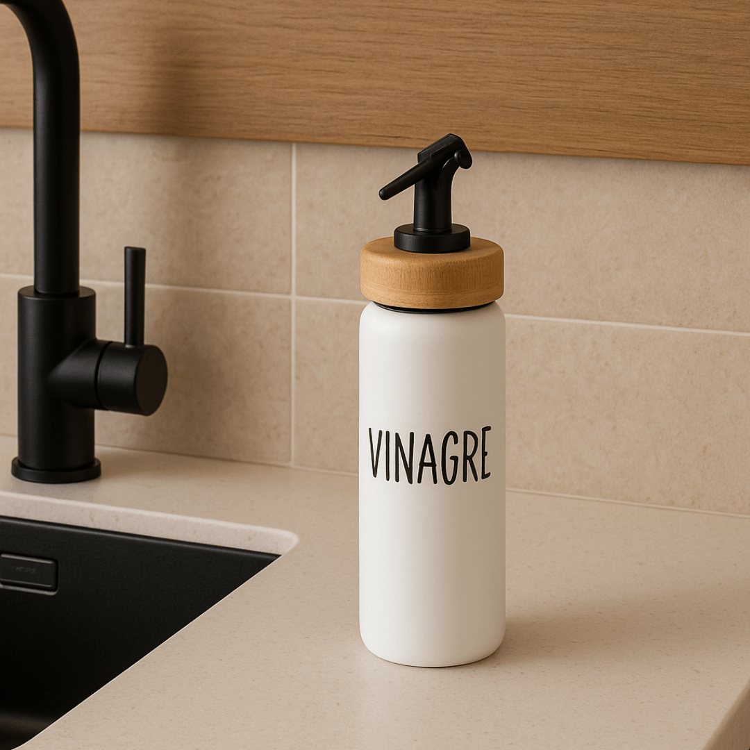 Galheteiro Vinagre Doha Vidro e Tampa de Bambu Branco 220ml - Ela Decora