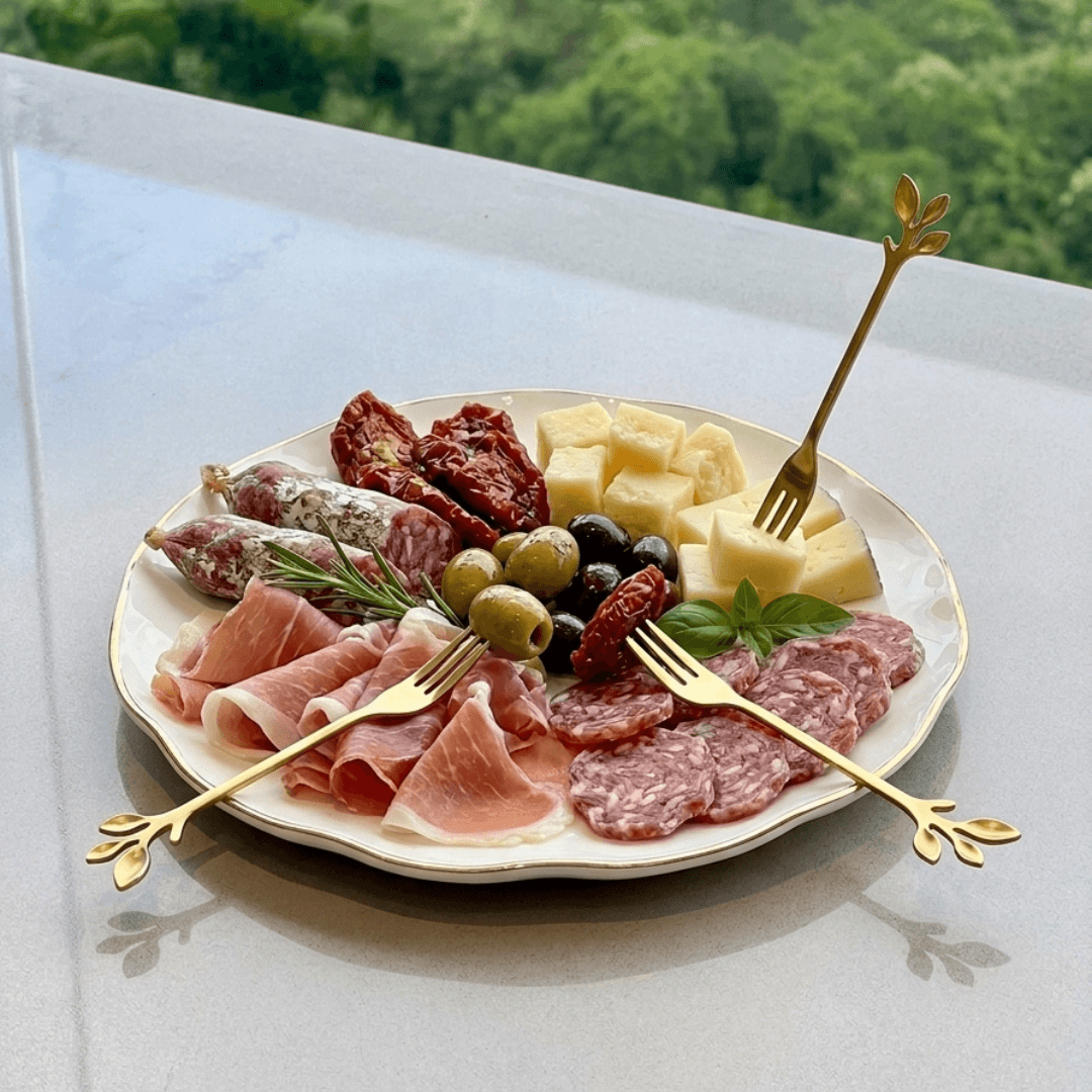 Garfos decorativos dourados em prato branco com frios e queijo
