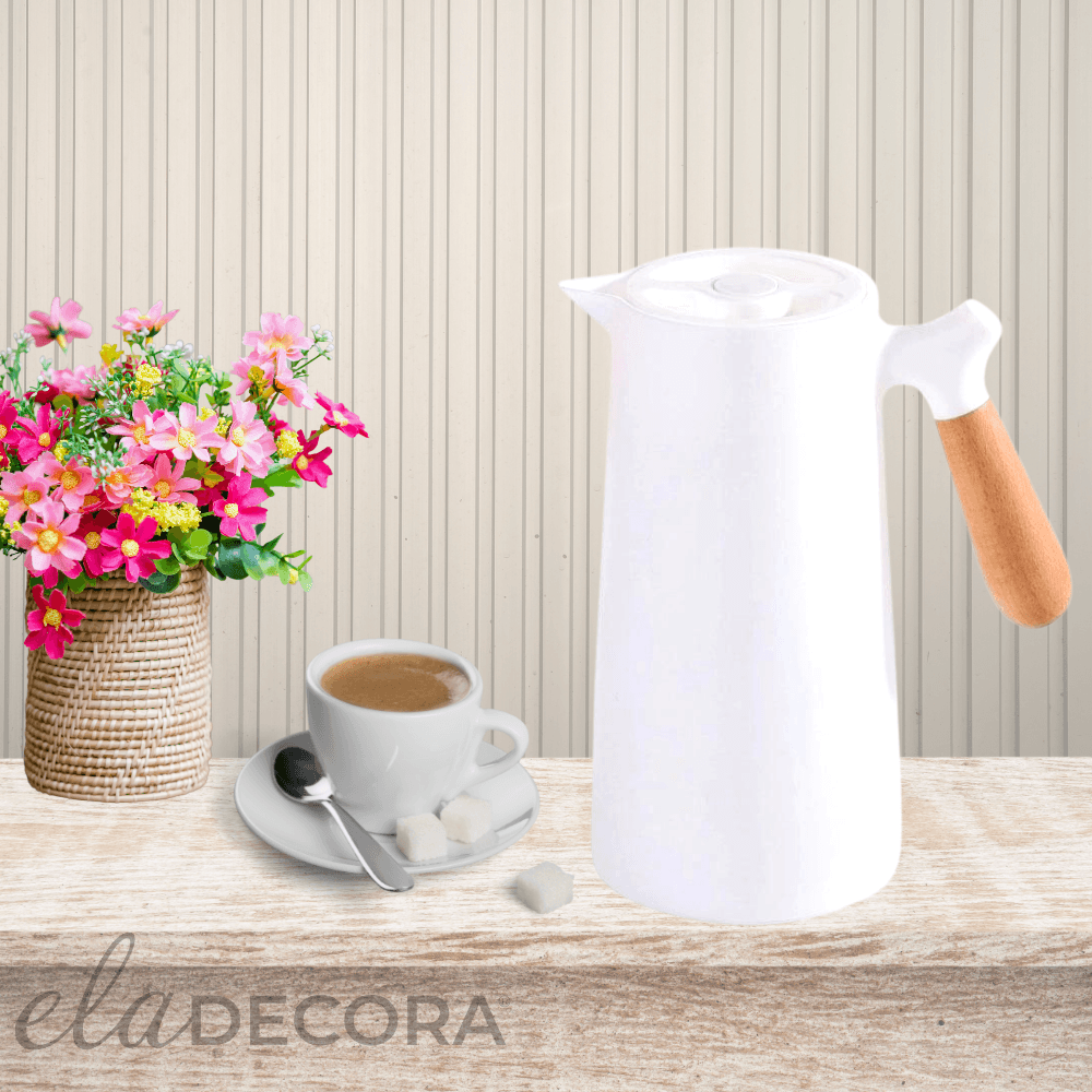 Garrafa Térmica Nórdica com Cabo de Madeira Branco - Ela Decora