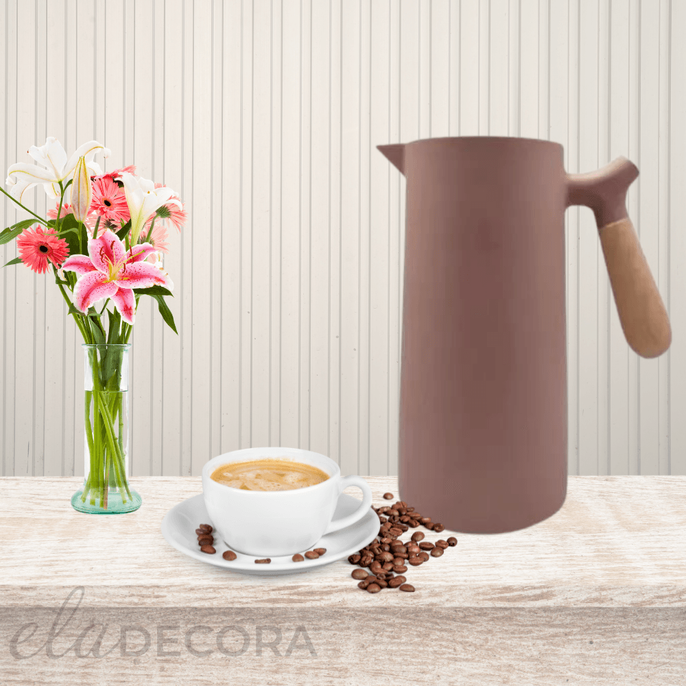 Garrafa Térmica Nórdica com Cabo de Madeira Rose - Ela Decora