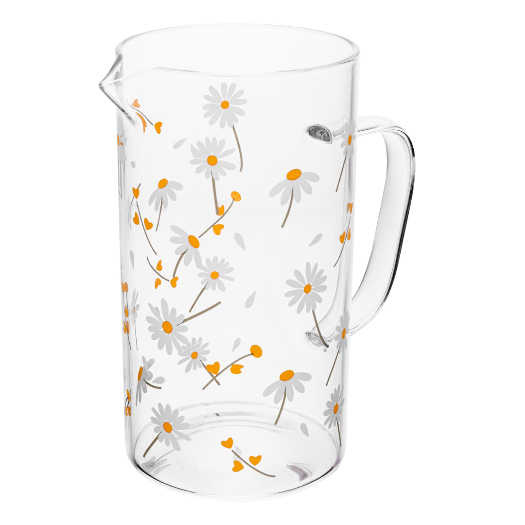 Jarra de vidro transparente com flores e miolo amarelo em perspectiva frontal