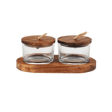 Jogo 2 Petisqueiras em Vidro com Tampa e Suporte em Madeira 120ml - Ela Decora