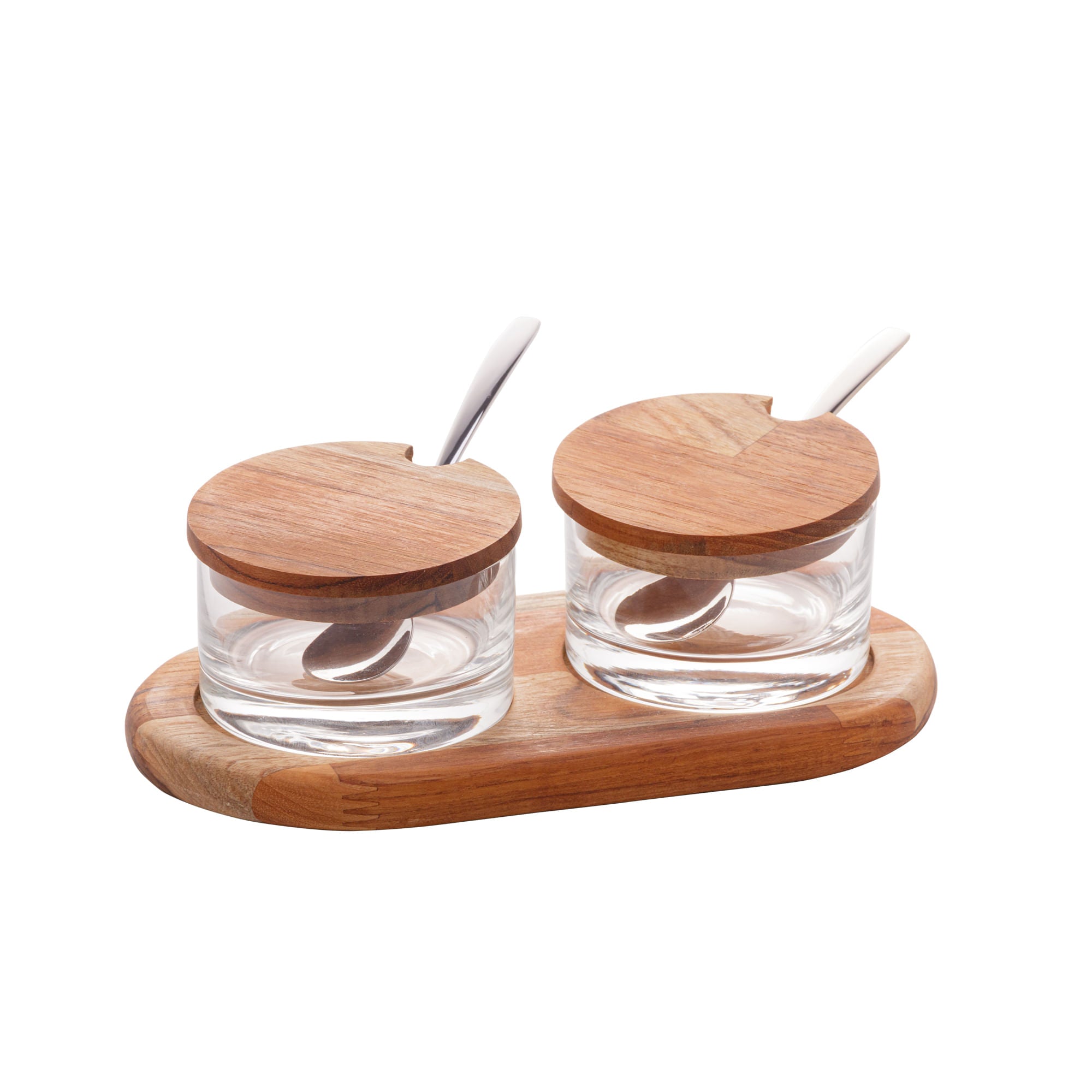 Jogo 2 Potes para Geléia de Vidro com Suporte de Madeira e Colher Teca - Ela Decora