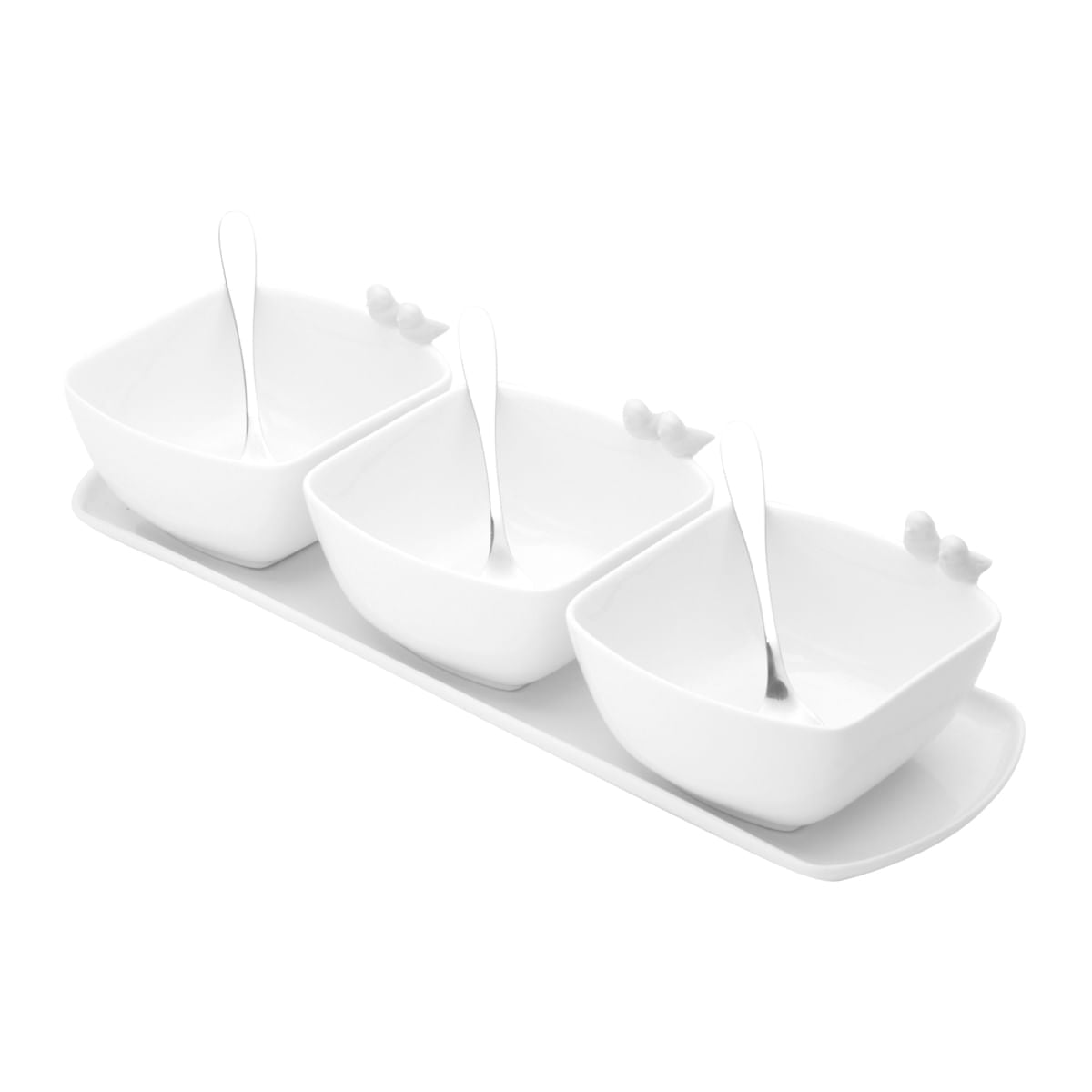 Jogo 3 Petisqueiras Porcelana com Bandeja e Colher Birds Branca 36cm - Ela Decora